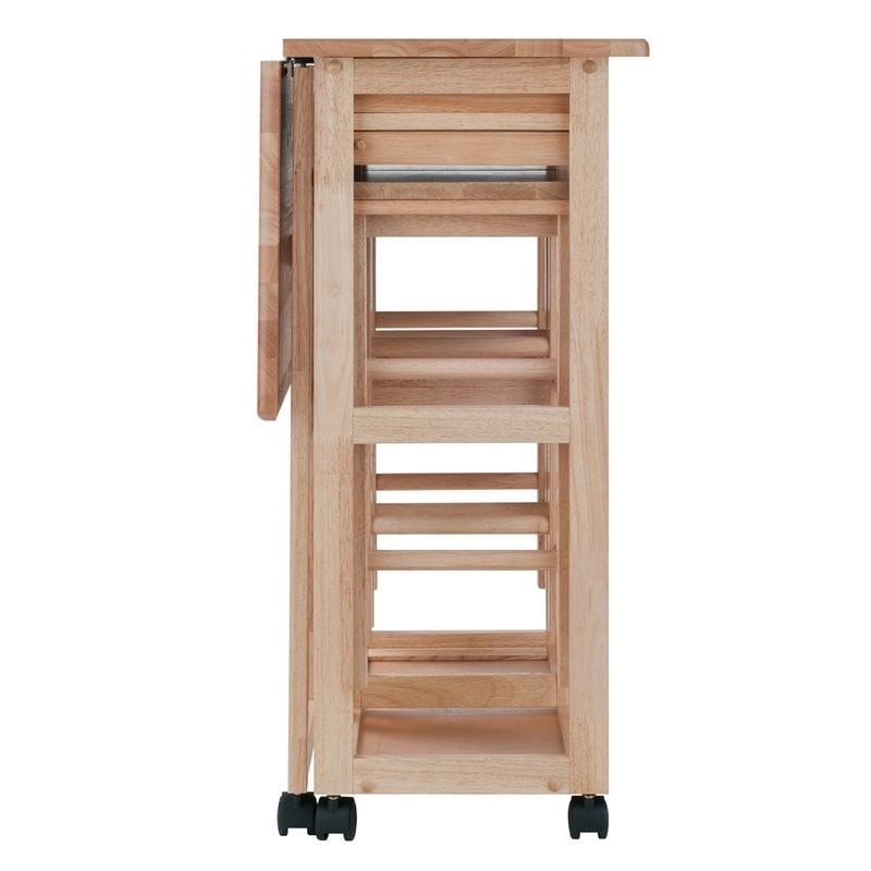 Pemberly Row 3-Piece Drop Leaf Solid Wood Kitchen Cart with 2 Stools in Natural
