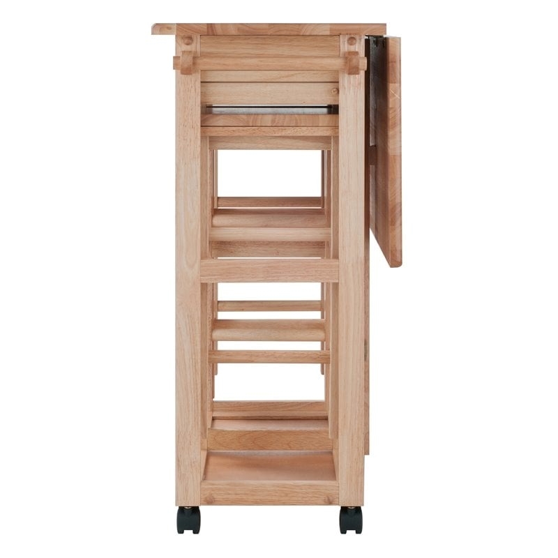 Pemberly Row 3-Piece Drop Leaf Solid Wood Kitchen Cart with 2 Stools in Natural