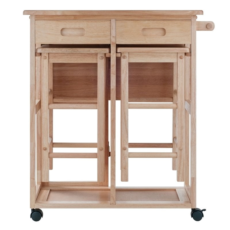 Pemberly Row 3-Piece Drop Leaf Solid Wood Kitchen Cart with 2 Stools in Natural