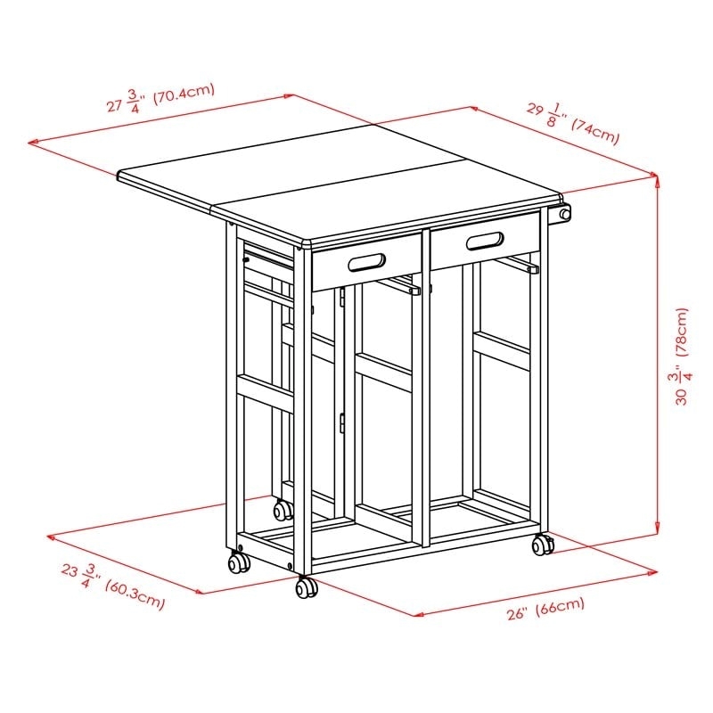 Pemberly Row 3-Piece Drop Leaf Solid Wood Kitchen Cart with 2 Stools in Natural