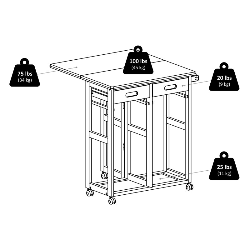 Pemberly Row 3-Piece Drop Leaf Solid Wood Kitchen Cart with 2 Stools in Natural