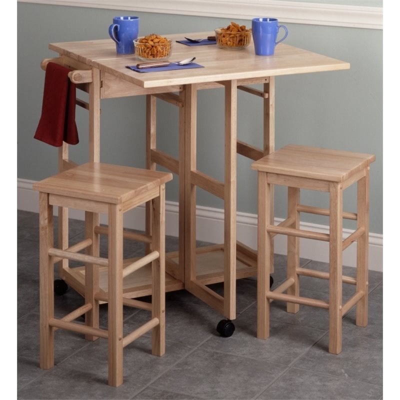 Pemberly Row 3-Piece Drop Leaf Solid Wood Kitchen Cart with 2 Stools in Natural