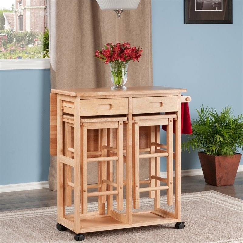 Pemberly Row 3-Piece Drop Leaf Solid Wood Kitchen Cart with 2 Stools in Natural