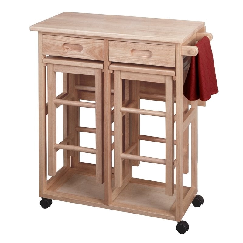 Pemberly Row 3-Piece Drop Leaf Solid Wood Kitchen Cart with 2 Stools in Natural