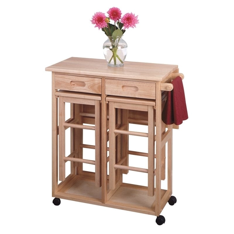 Pemberly Row 3-Piece Drop Leaf Solid Wood Kitchen Cart with 2 Stools in Natural