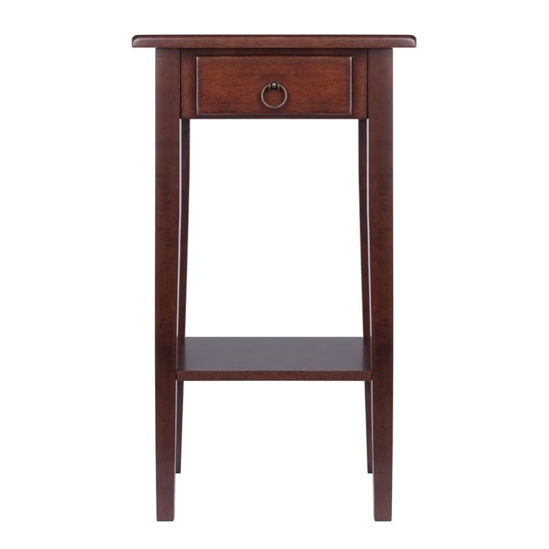 Pemberly Row 1-Drawer Solid Wood Accent Table with Shelf in Antique Walnut