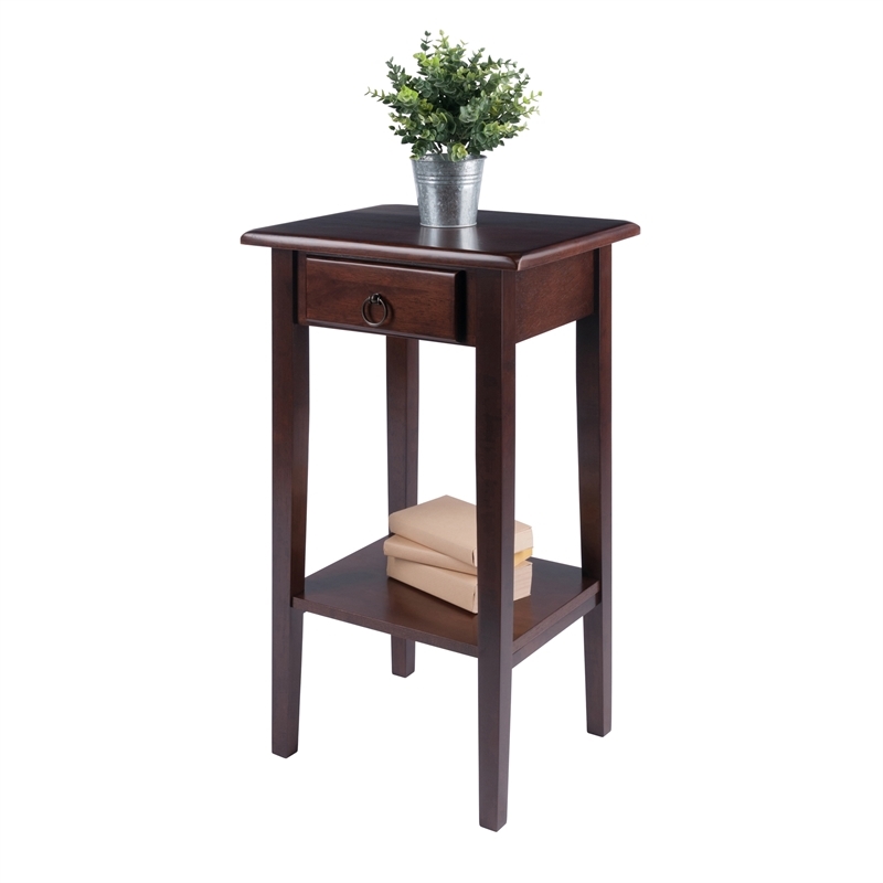 Pemberly Row 1-Drawer Solid Wood Accent Table with Shelf in Antique Walnut