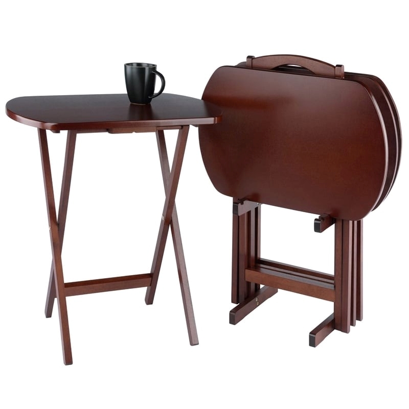 Pemberly Row 5-Piece Oversize Transitional Solid Wood Snack Table Set in Walnut