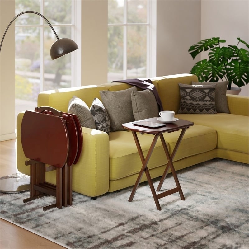 Pemberly Row 5-Piece Oversize Transitional Solid Wood Snack Table Set in Walnut