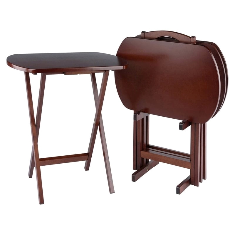 Pemberly Row 5-Piece Oversize Transitional Solid Wood Snack Table Set in Walnut