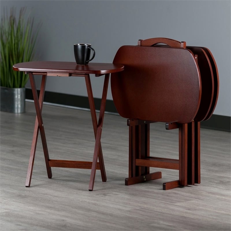 Pemberly Row 5-Piece Oversize Transitional Solid Wood Snack Table Set in Walnut