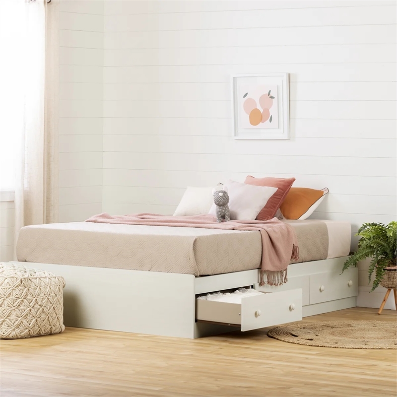 Pemberly Row Engineered Wood Full Mates Bed with 3-Storage Drawers in White Wash