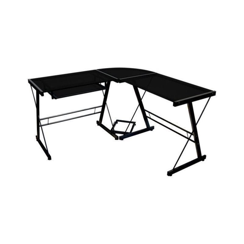 Pemberly Row Corner L Shaped Glass Top Computer Desk in Black PR151433
