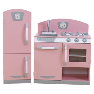 Pemberly Row Retro Kitchen with Refrigerator in Pink Finish