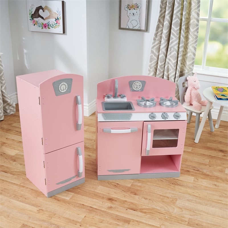 Pemberly Row Retro Kitchen with Refrigerator in Pink Finish