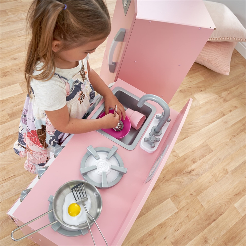 Pemberly Row Retro Kitchen with Refrigerator in Pink Finish