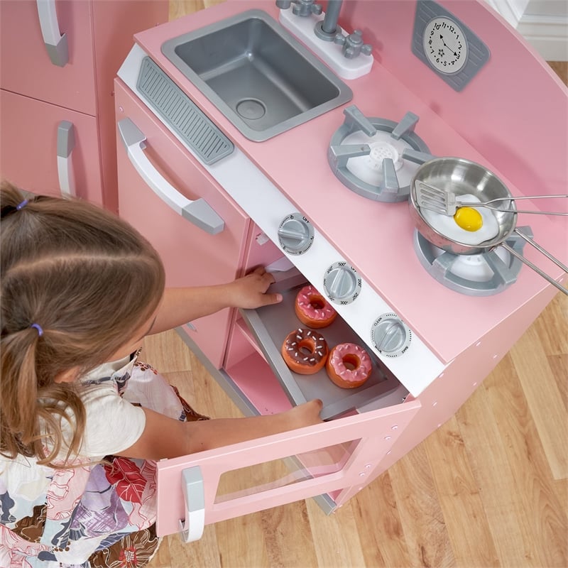 Pemberly Row Retro Kitchen with Refrigerator in Pink Finish