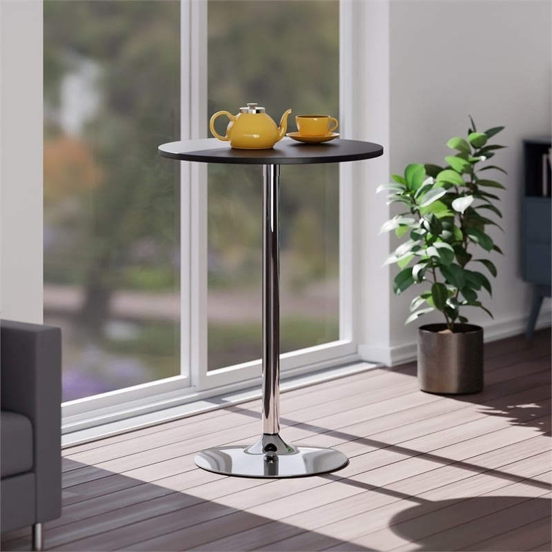 Pemberly Row Round Wood/Metal Contemporary Pub Table in Black/Chrome