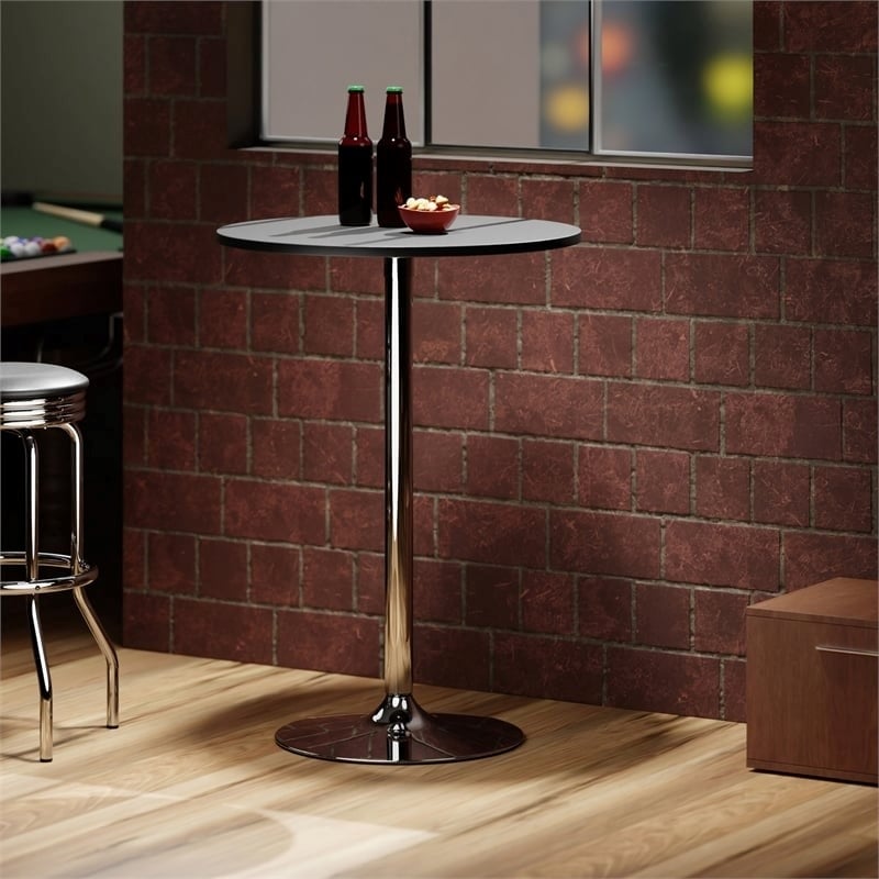 Pemberly Row Round Wood/Metal Contemporary Pub Table in Black/Chrome