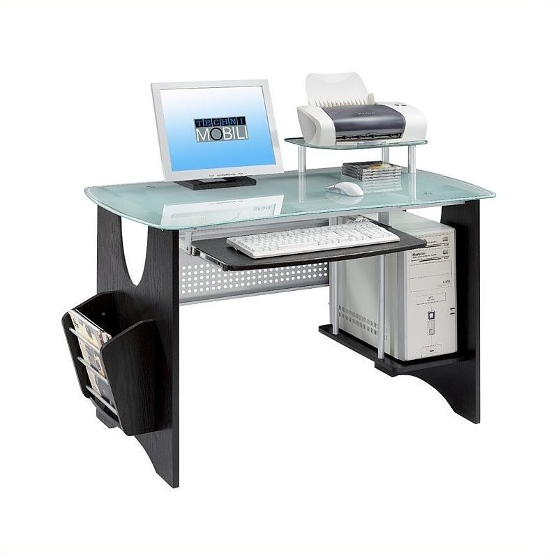 Pemberly Row Glass Top Wood Computer Workstation In Espresso
