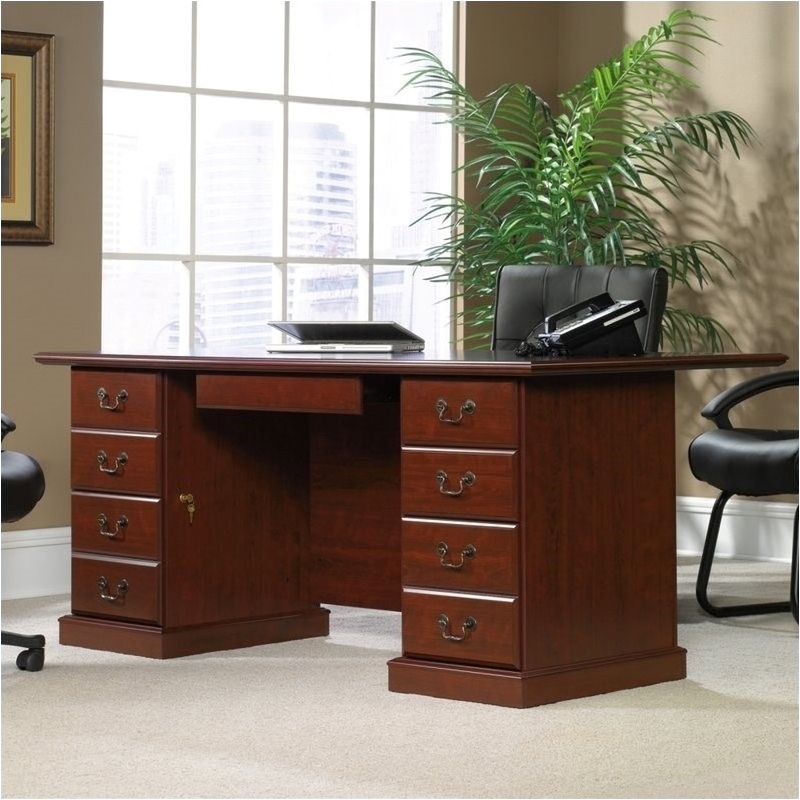 Pemberly Row Transitional Wood Large Executive Desk in Classic Cherry