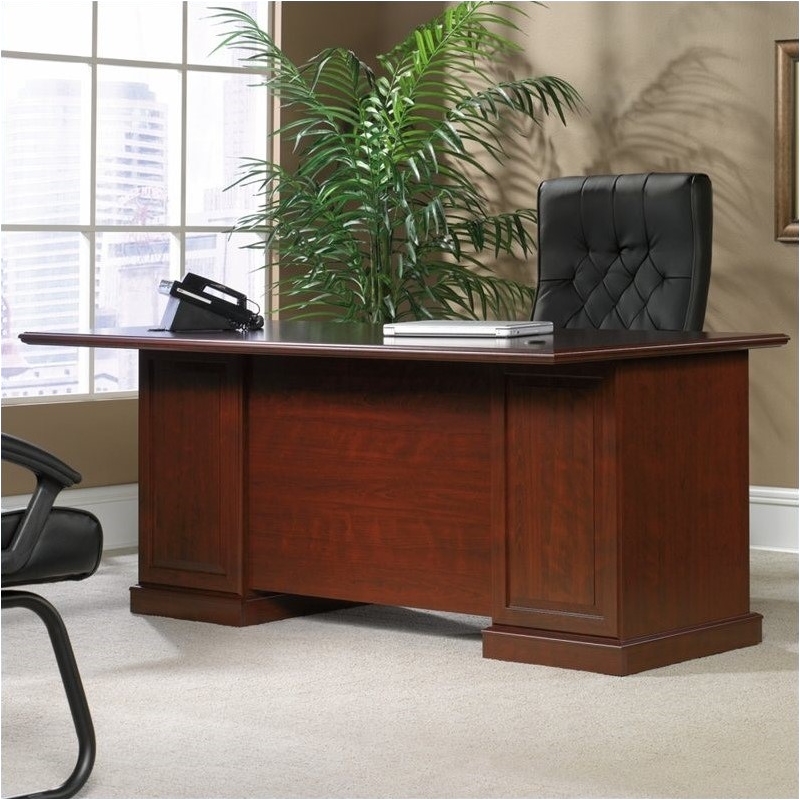 Pemberly Row Transitional Wood Large Executive Desk in Classic Cherry