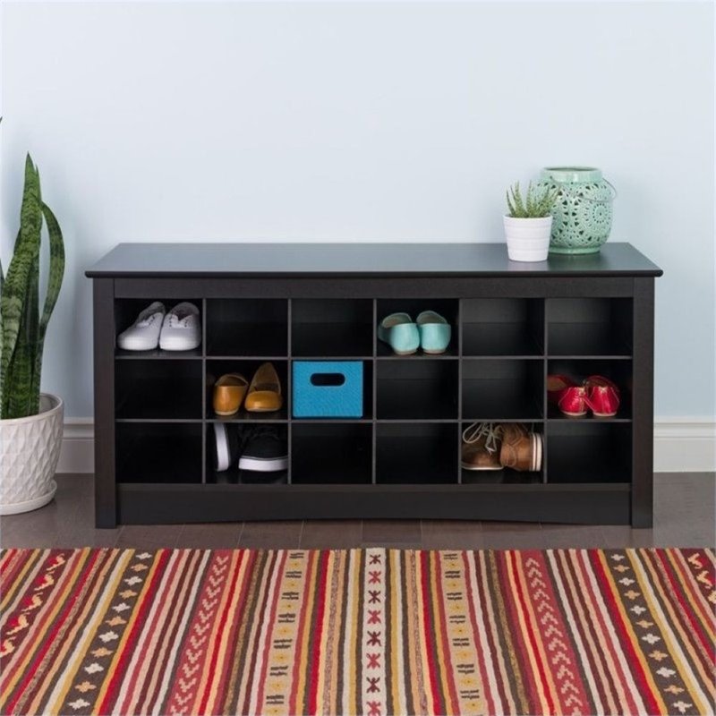 Pemberly Row 18 Cubby Shoe Storage Bench in Black