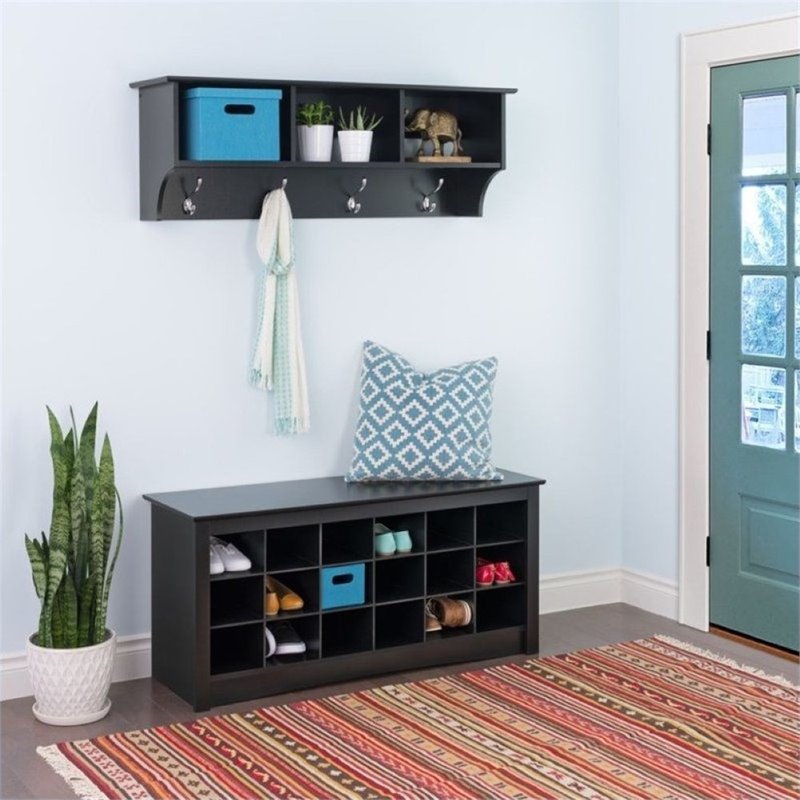 Pemberly Row 18 Cubby Shoe Storage Bench in Black