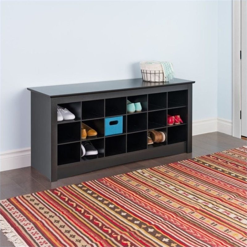 Pemberly Row 18 Cubby Shoe Storage Bench in Black