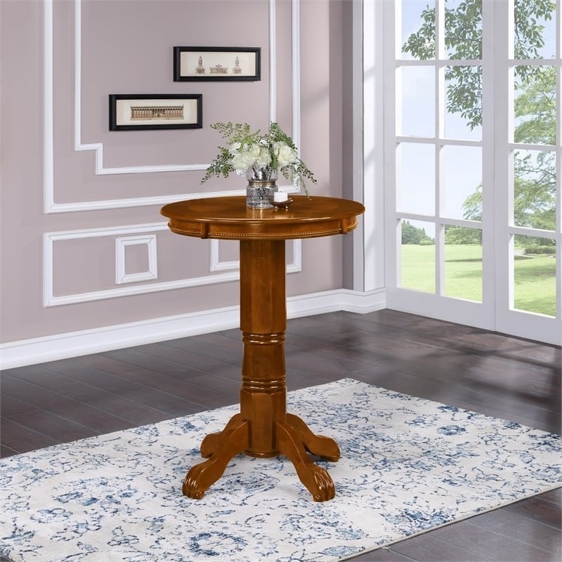 Pemberly Row Traditional Hardwood & Veneers Pedestal Pub Table in Cherry