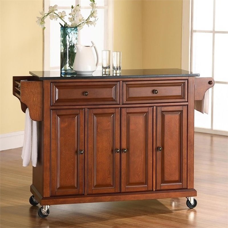 Pemberly Row Traditional Wood/Granite Top Kitchen Cart in Classic Cherry