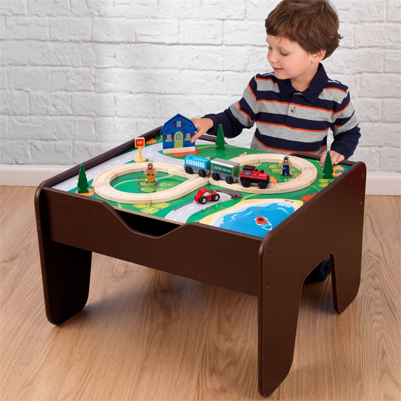 Pemberly Row 2-in-1 Activity Table with Lego and Train Set in Espresso