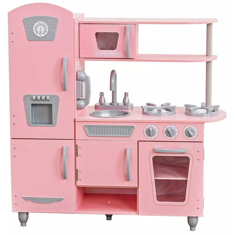 Pemberly Row Vintage Play Kitchen Pink with Stainless Steel Fixtures & Ice Maker