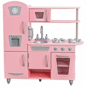 Pemberly Row Vintage Play Kitchen Pink with Stainless Steel Fixtures & Ice Maker