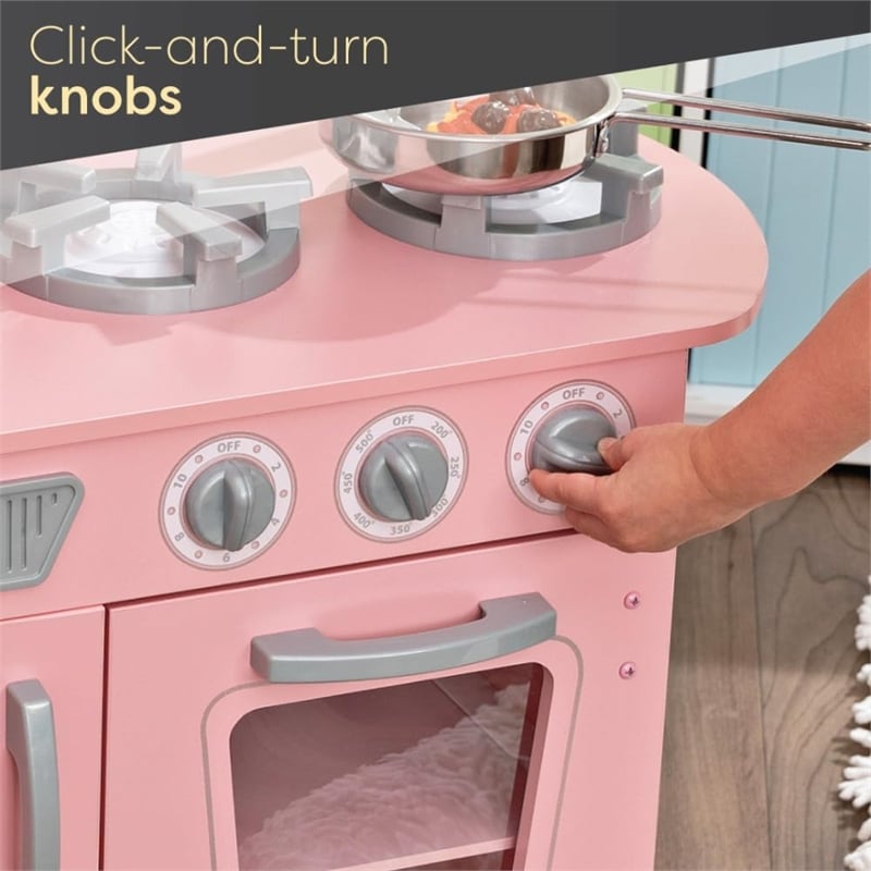 Pemberly Row Vintage Play Kitchen Pink with Stainless Steel Fixtures & Ice Maker