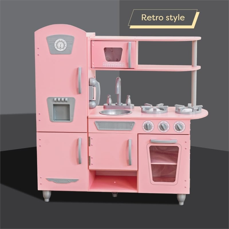 Pemberly Row Vintage Play Kitchen Pink with Stainless Steel Fixtures & Ice Maker