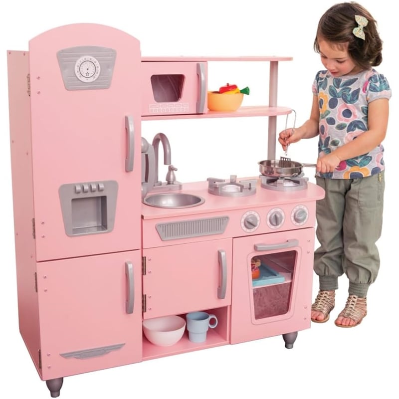 Pemberly Row Vintage Play Kitchen Pink with Stainless Steel Fixtures & Ice Maker