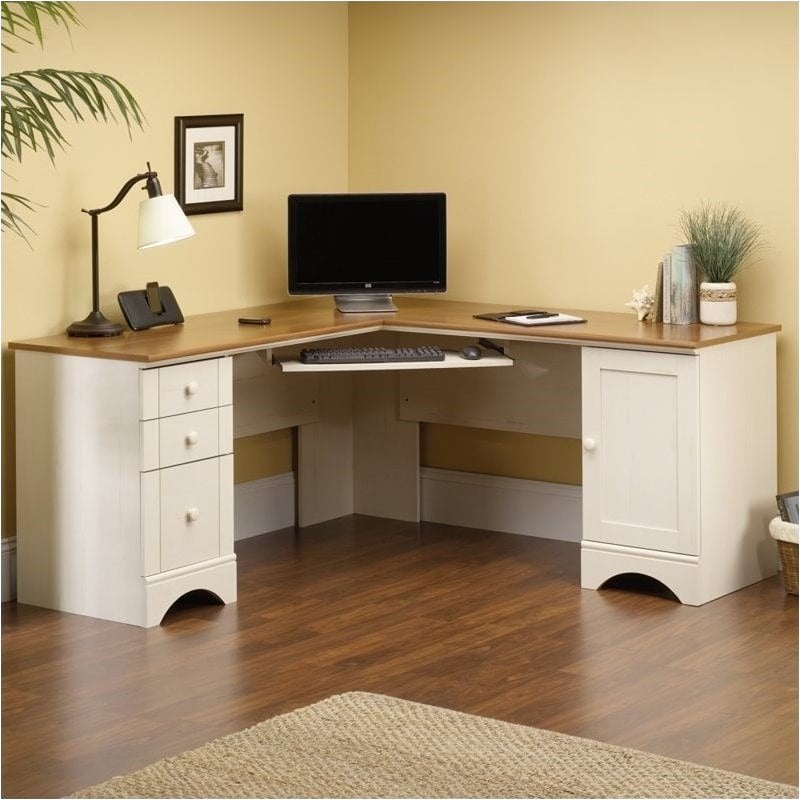 Pemberly Row Corner Computer Desk in Antiqued White - PR-371037