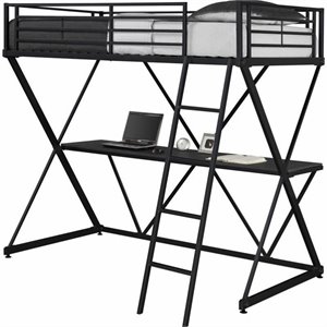 pemberly row x shaped metal twin loft bed in black with desk
