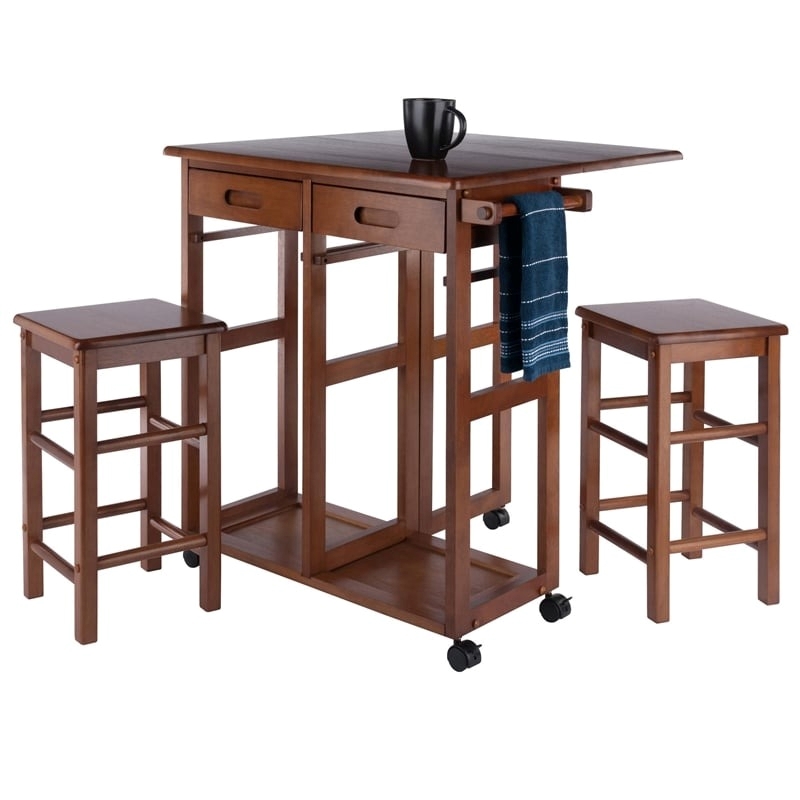 Pemberly Row Solid Wood Space Saver Dinette Set with 2 Square Stools in Teak