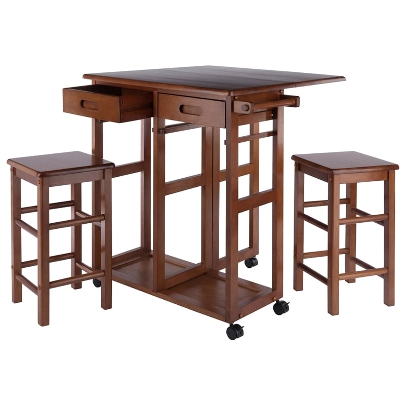 Pemberly Row Solid Wood Space Saver Dinette Set with 2 Square Stools in Teak