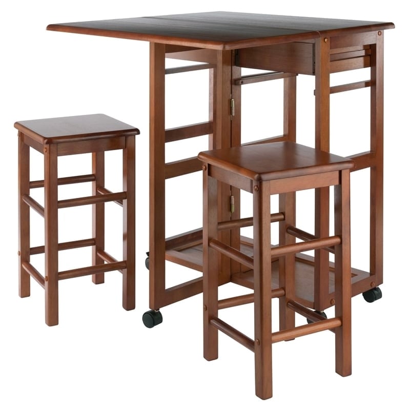 Pemberly Row Solid Wood Space Saver Dinette Set with 2 Square Stools in Teak