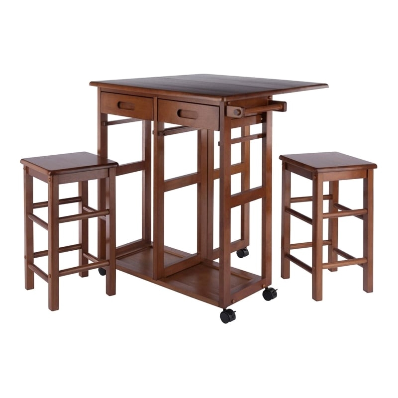 Pemberly Row Solid Wood Space Saver Dinette Set with 2 Square Stools in Teak