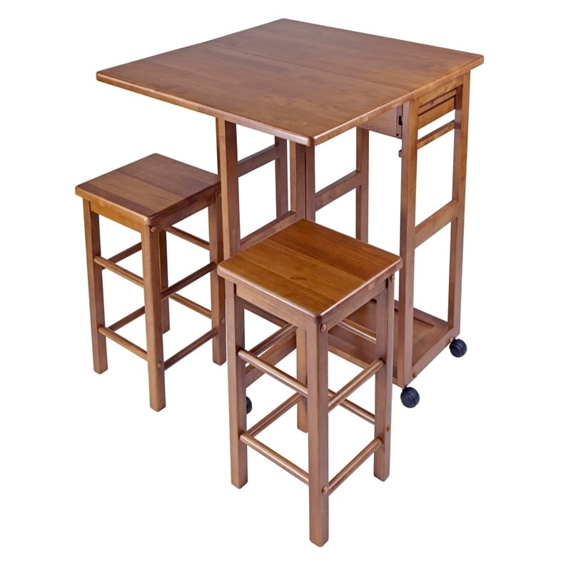Pemberly Row Solid Wood Space Saver Dinette Set with 2 Square Stools in Teak