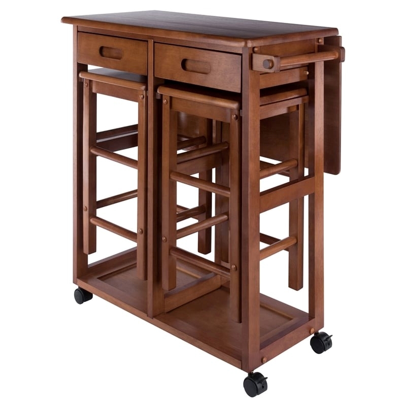 Pemberly Row Solid Wood Space Saver Dinette Set with 2 Square Stools in Teak