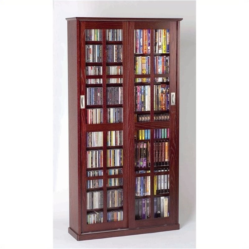 Pemberly Row 62" Sliding Door Inlaid Glass Media Cabinet in Dark Cherry ...