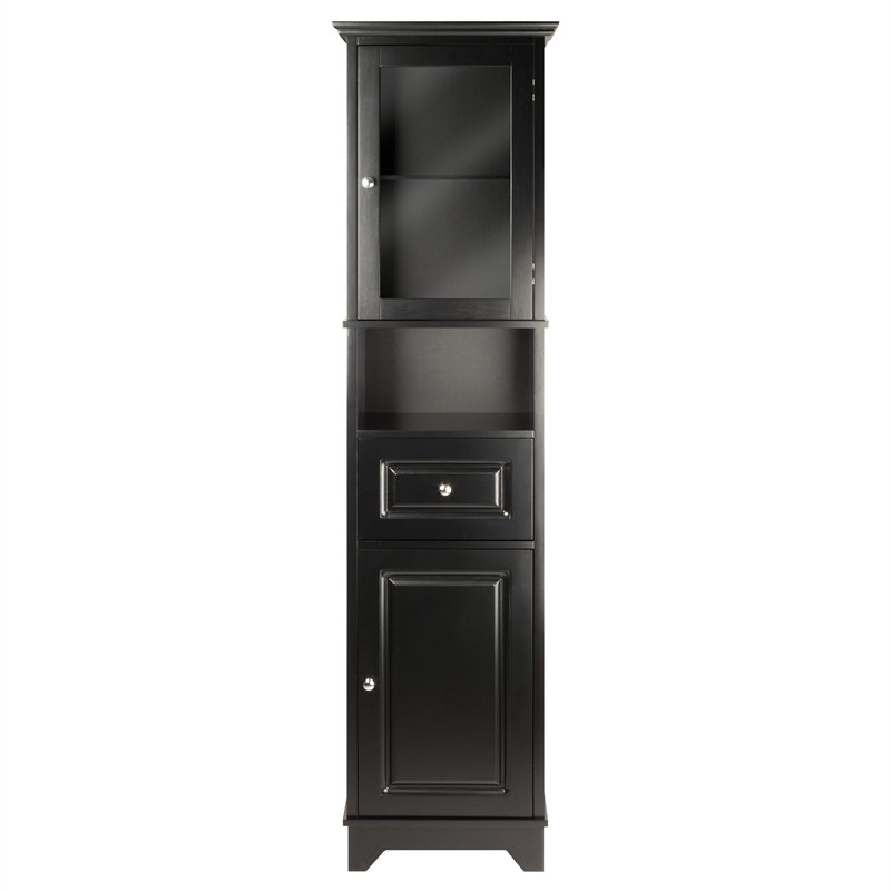 Pemberly Row Adjustable Shelf Modern Solid Wood Tall Linen Cabinet in Black