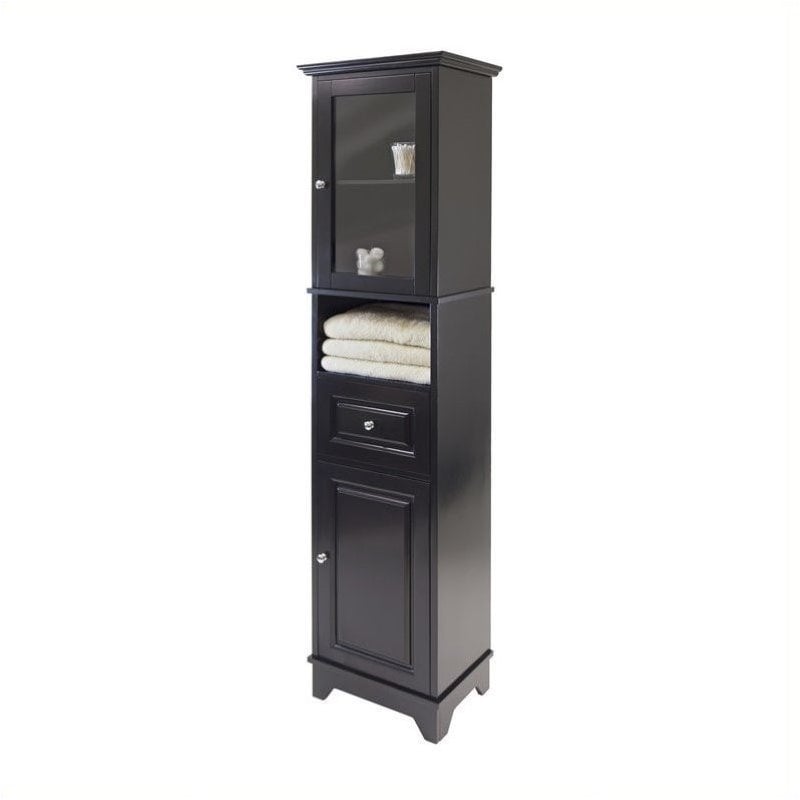 Pemberly Row Adjustable Shelf Modern Solid Wood Tall Linen Cabinet in Black