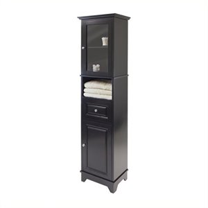 pemberly row tall cabinet with glass door and drawer in black finish