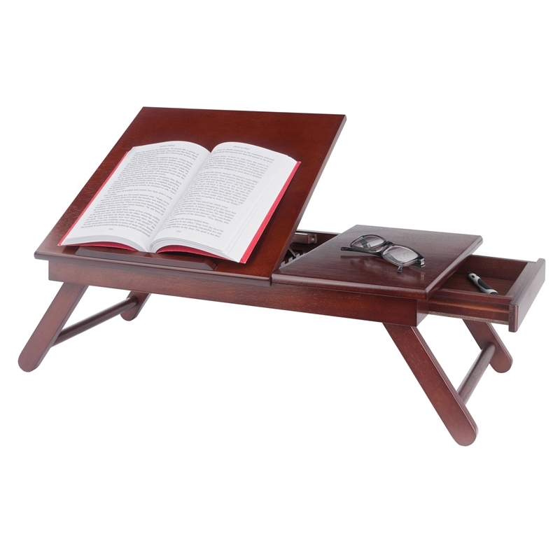 Pemberly Row Solid Wood Lap Desk Flip Top w/ Drawer and Foldable Legs in Walnut